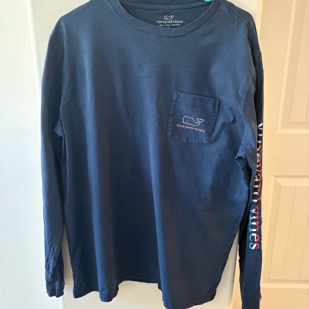 Vineyard Vines Navy Long-Sleeve Pocket Tee with Logo Sleeve